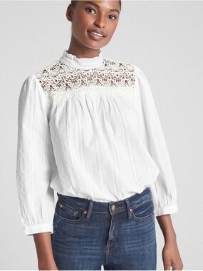 Gap Yoke Boho Lace-Trim Mockneck Victorian Blouse, White size L 3/4 sleeve